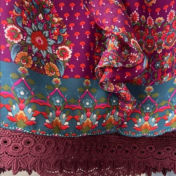 1. State Red and Purple Tie Front Ruffled Blouse - Picture 4 of 11